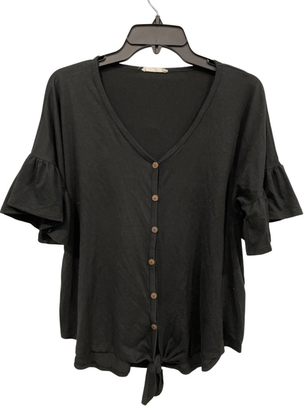 Reb In J Blouse Small Button Front Top Ruffled Sleeve Knot Front Black Feminine